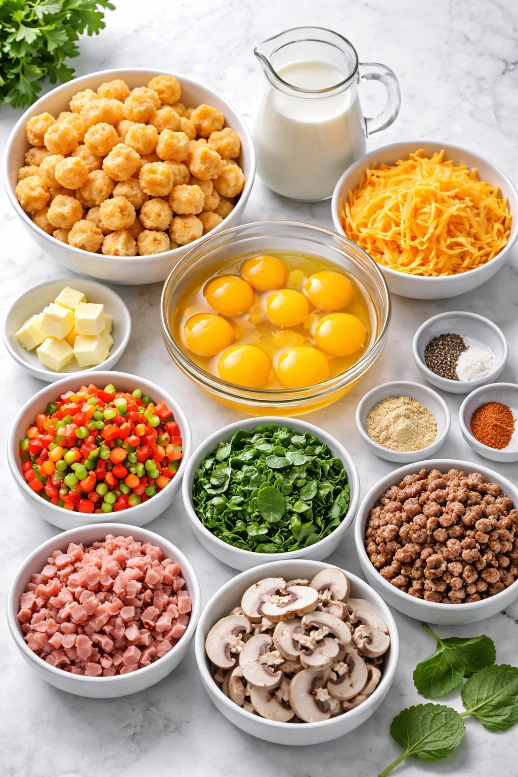 Overhead view of ingredients for the tater tot breakfast bake arranged on a clean surface.