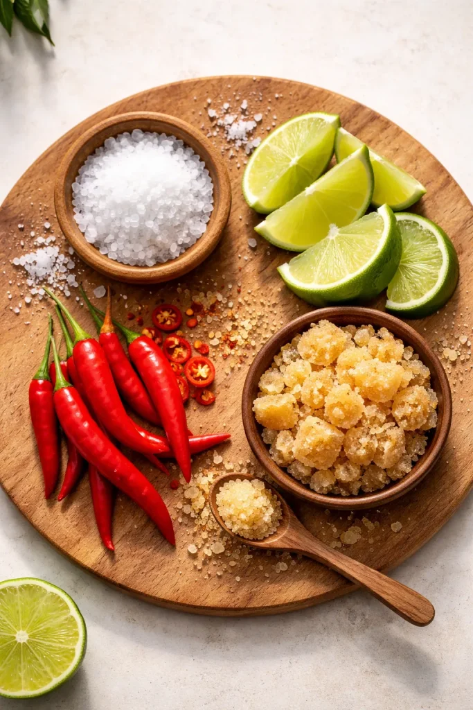 12 Thai Recipes You Can Make at Home 14 Balanced Thai flavors represented by salt, lime, palm sugar, and chilies arranged on a board