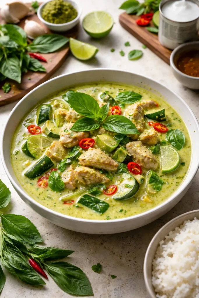 12 Thai Recipes You Can Make at Home 3 Vibrant Thai green curry in a bowl with chicken and vegetables