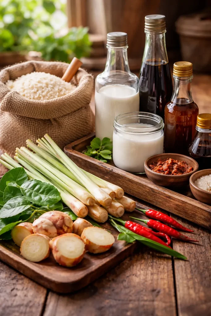 12 Thai Recipes You Can Make at Home 1 Rustic Thai pantry with lemongrass, galangal, lime leaves, jasmine rice, coconut milk, and unlabeled sauce jars