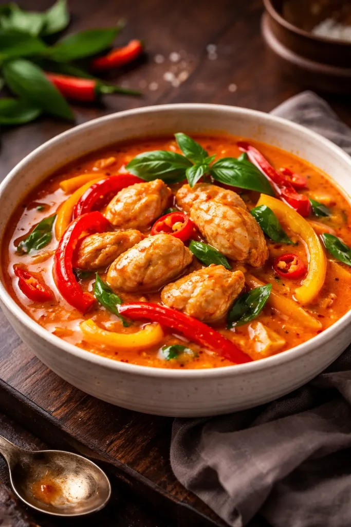 12 Thai Recipes You Can Make at Home 7 Close-up of Thai red curry with chicken and peppers in coconut milk