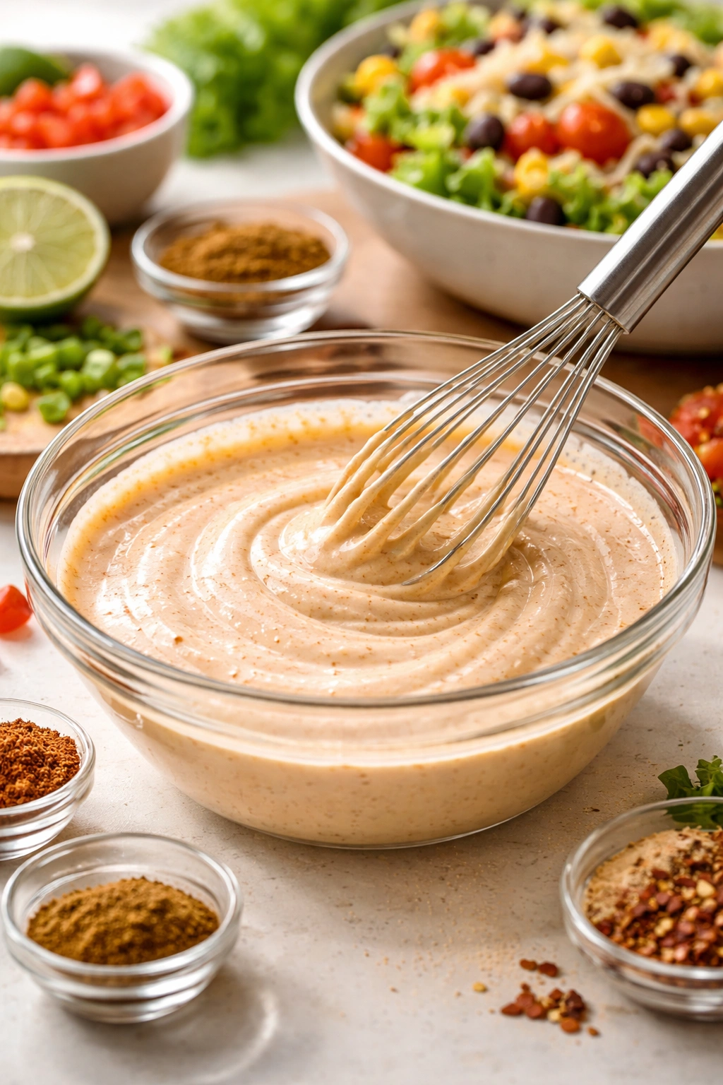 Close-up of creamy taco dressing in a glass bowl with a whisk, illustrating quick prep time