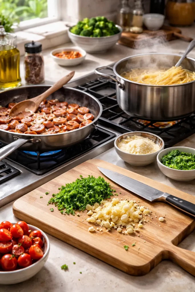 Kitchen scene showing parallel prep to save time
