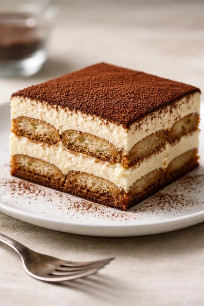 10 Italian Recipes Straight From Nonna 8 Tiramisu slice showing mascarpone layers and cocoa top on plate