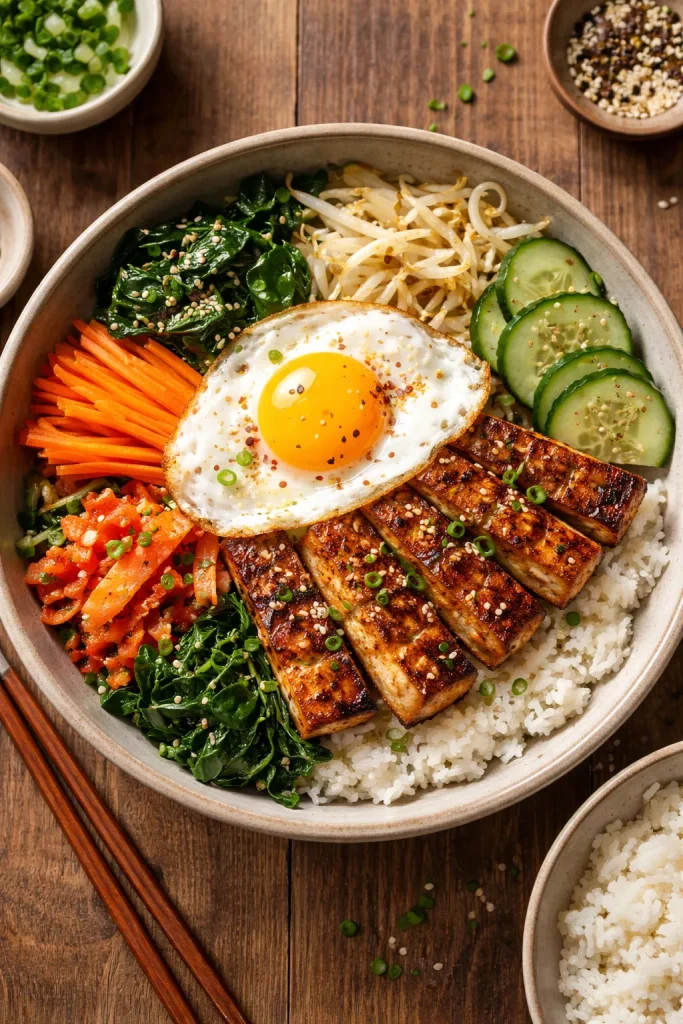Tofu bulgogi bibimbap bowl with marinated tofu and colorful vegetables