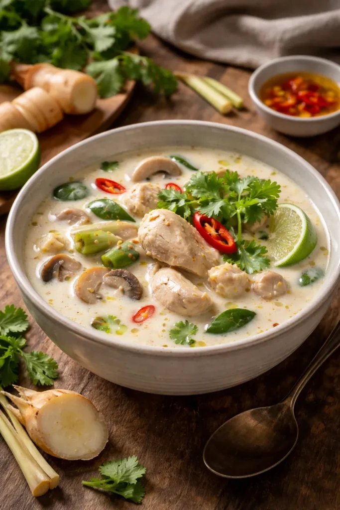 12 Thai Recipes You Can Make at Home 6 Creamy Tom Kha Gai soup with chicken and mushrooms