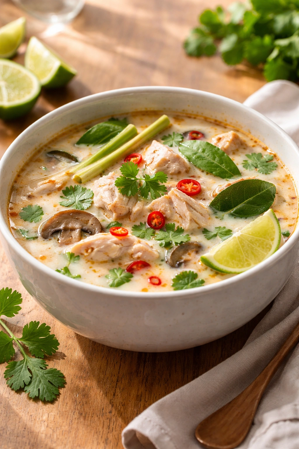 Thai coconut chicken soup with lemongrass and lime leaves in a bright bowl