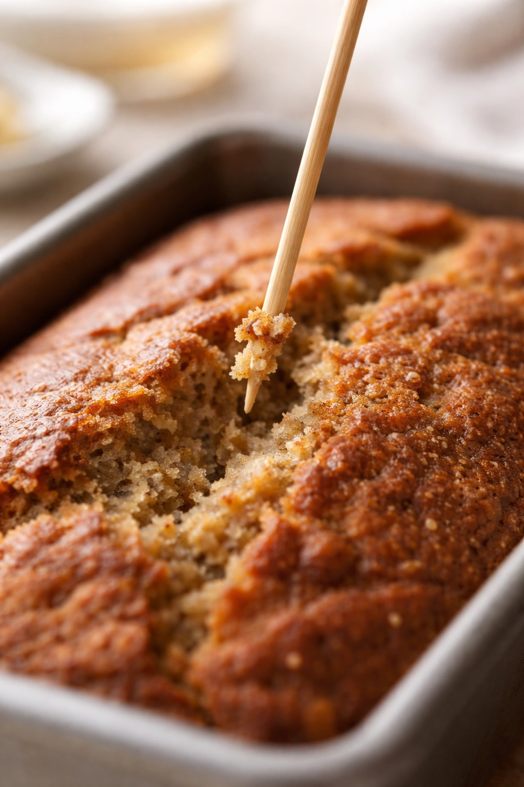 Toothpick in center of banana bread with moist crumbs