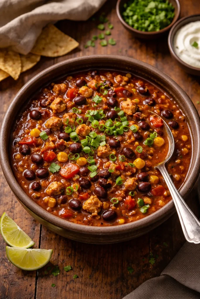 8 Freezer Meals to Cook Once and Eat Twice 6 Rustic bowl of turkey and black bean chili with chunky texture.