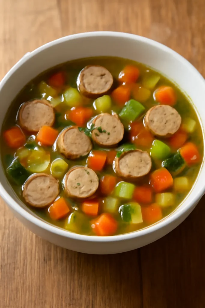 Turkey sausage and vegetables soup in a white bowl.