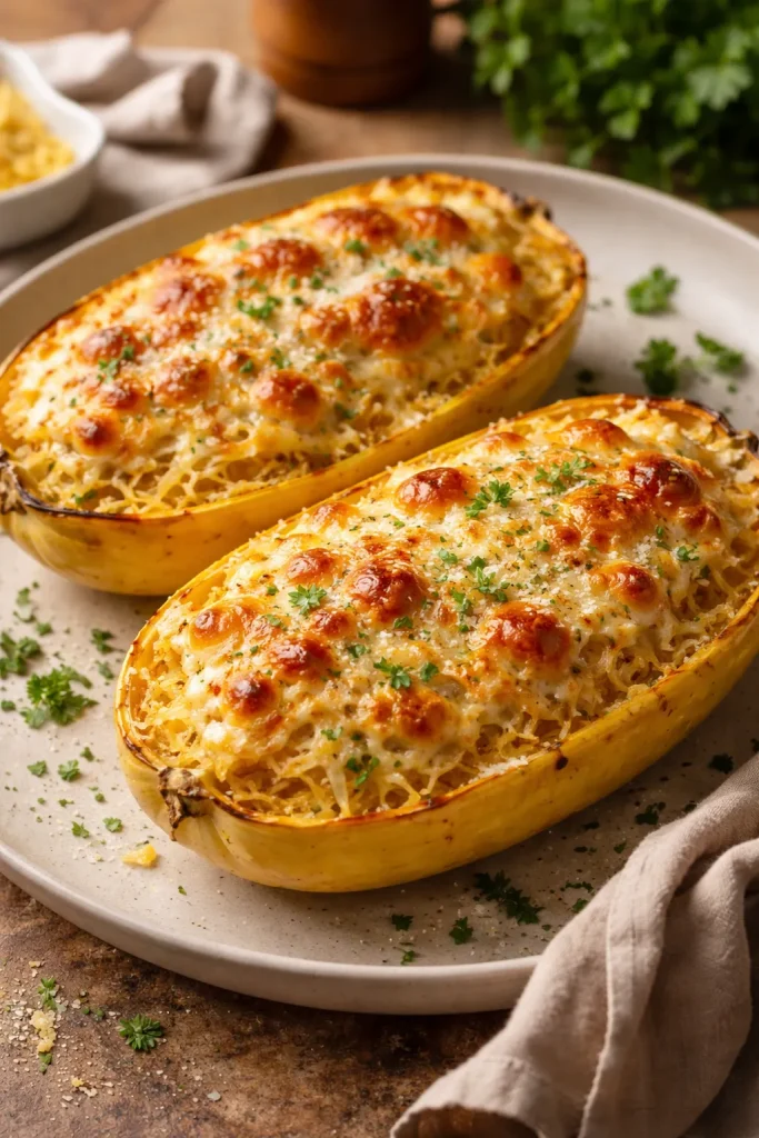 Halved spaghetti squash stuffed with garlic butter and cheese, baked golden.