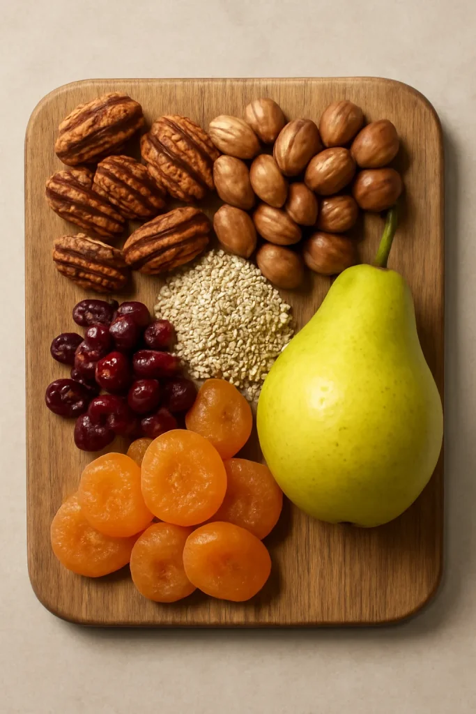 Flat lay of mixed nuts, seeds, dried fruit, and pear showing variations and seasonal adaptations