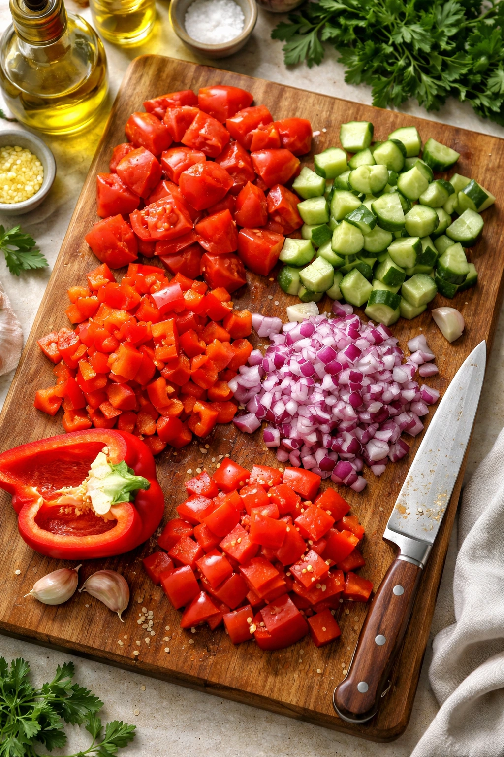 Chopped gazpacho vegetables on cutting board