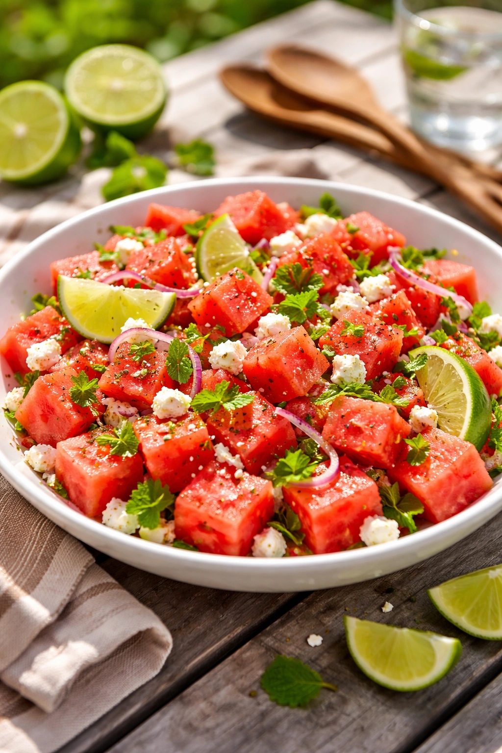 Watermelon salad with feta and lime in a white bowl with mint under bright daylight.
