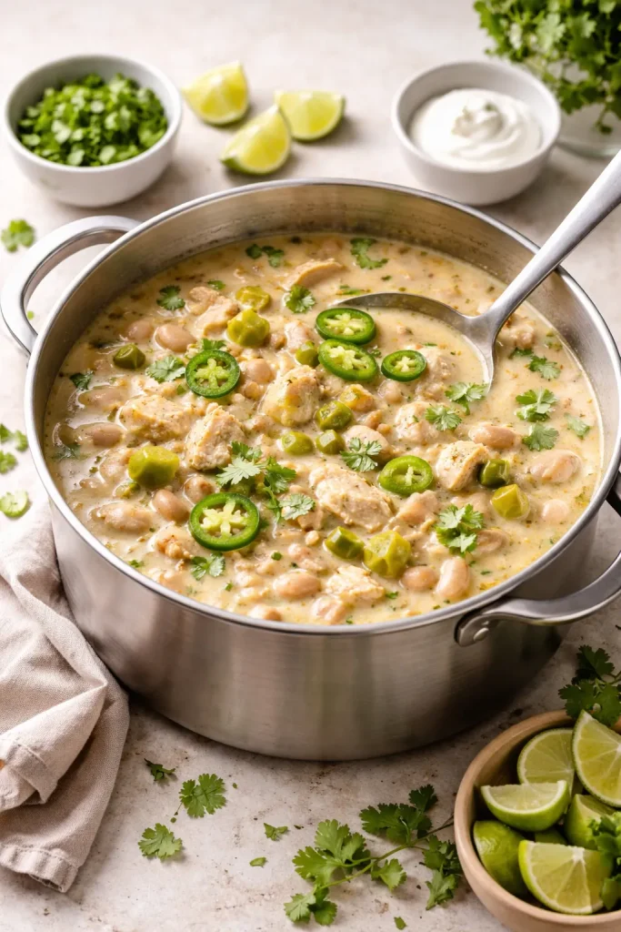 Creamy white chicken chili with beans and green chiles in a pot
