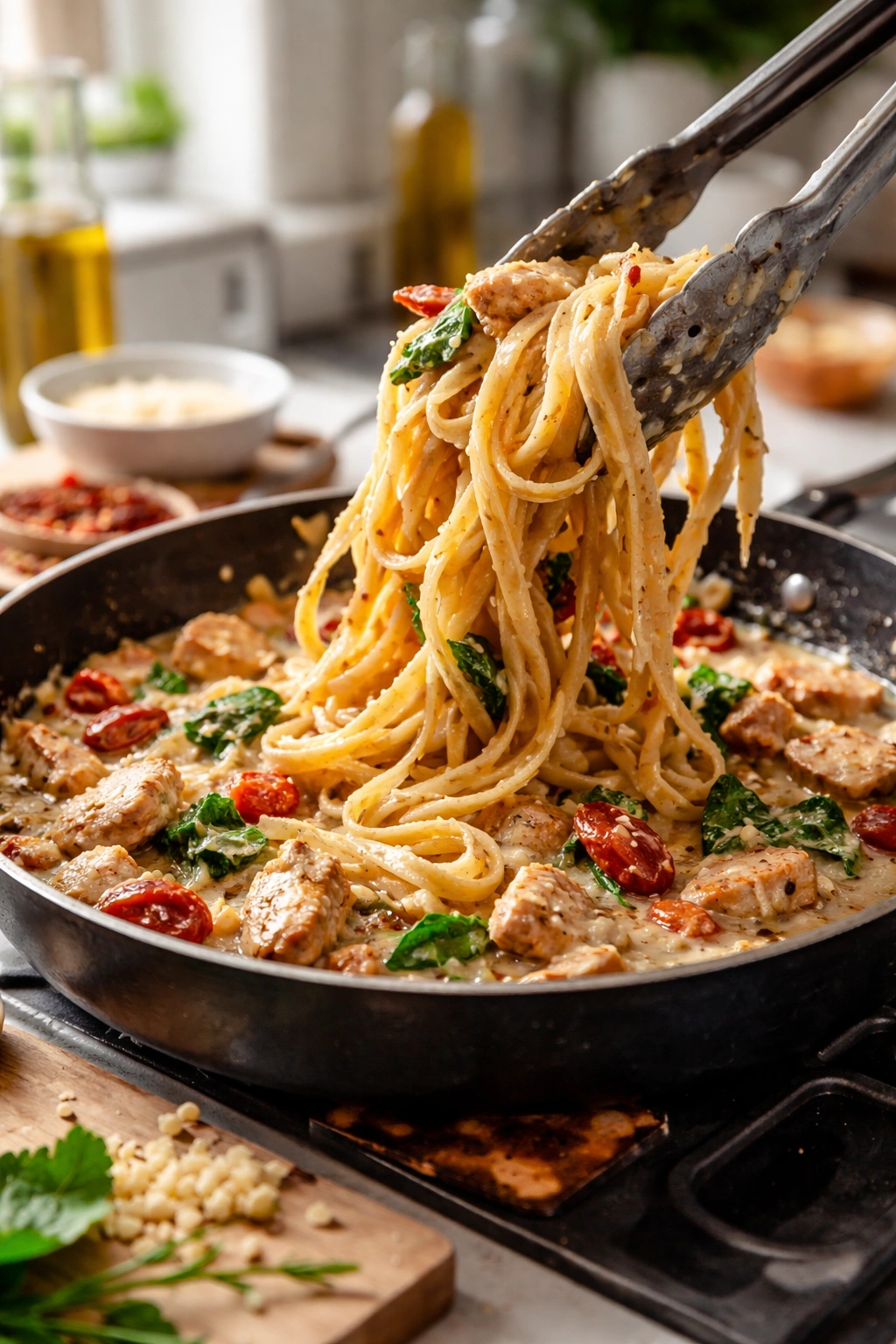 Pasta being cooked quickly in a skillet to illustrate a 20-minute timeline