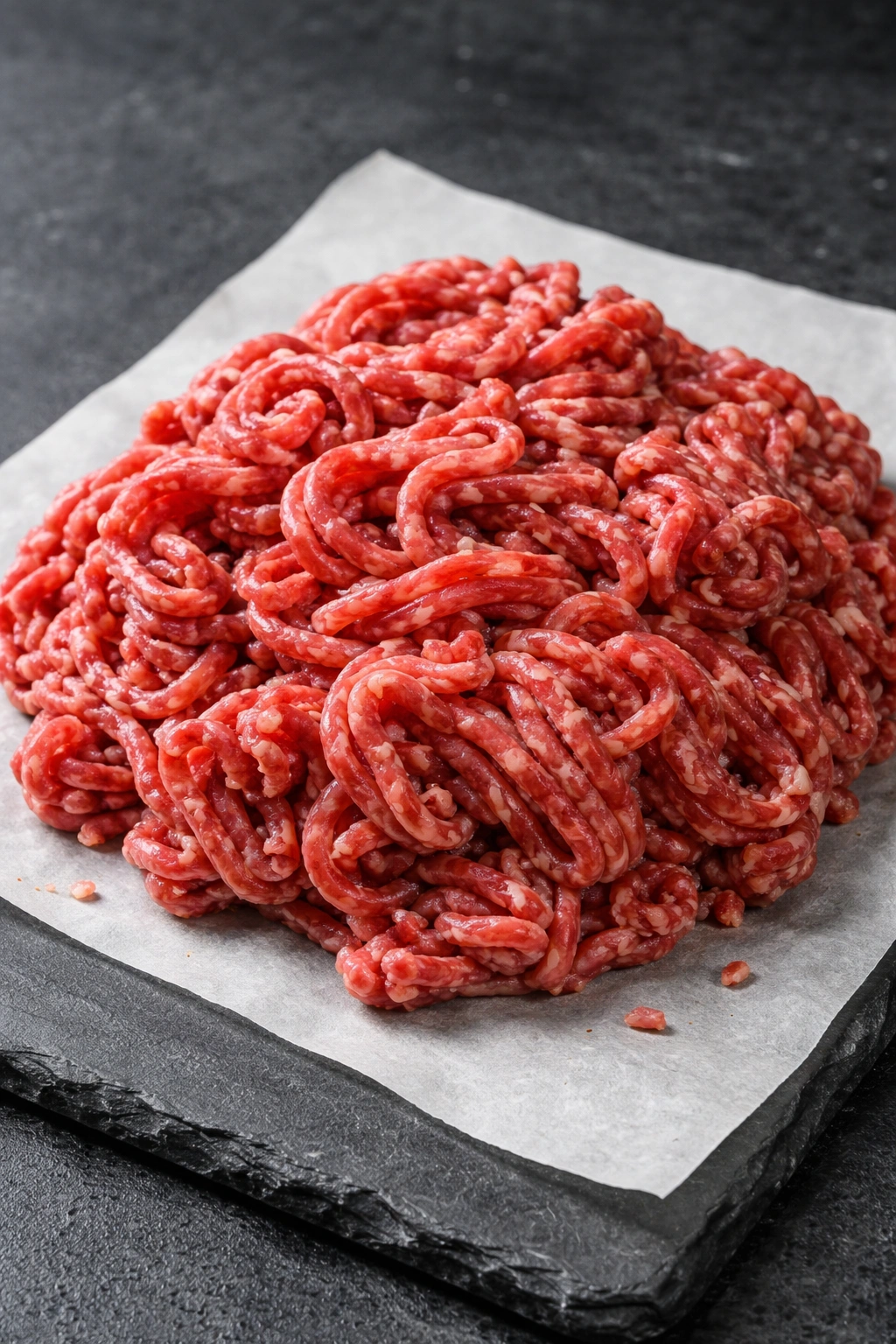 Raw ground beef (80/20) with visible fat marbling on dark surface.