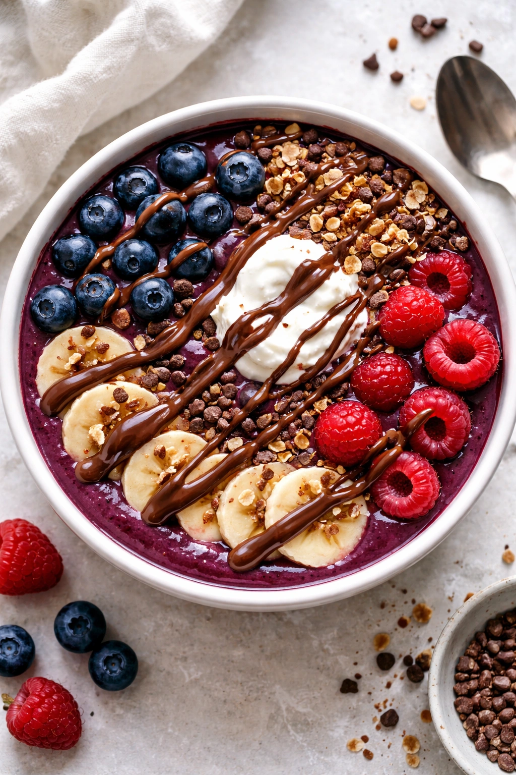 Açai Berry Bowl with chocolate drizzle and mixed berries