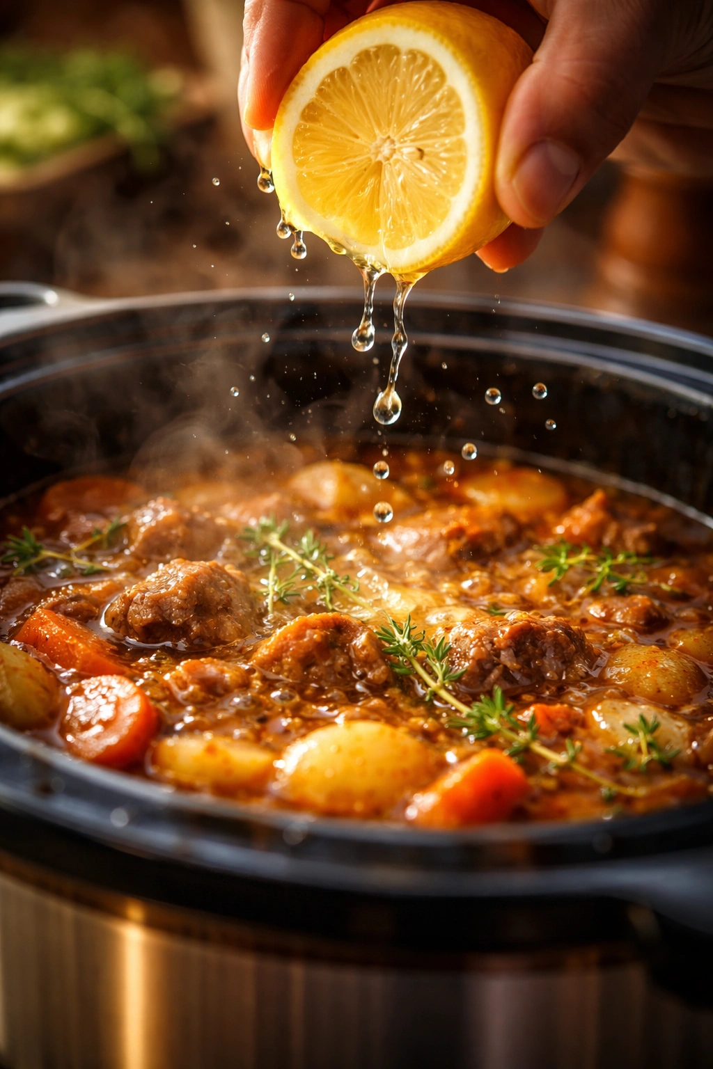 Close-up of citrus juice droplets about to hit a simmering pot.