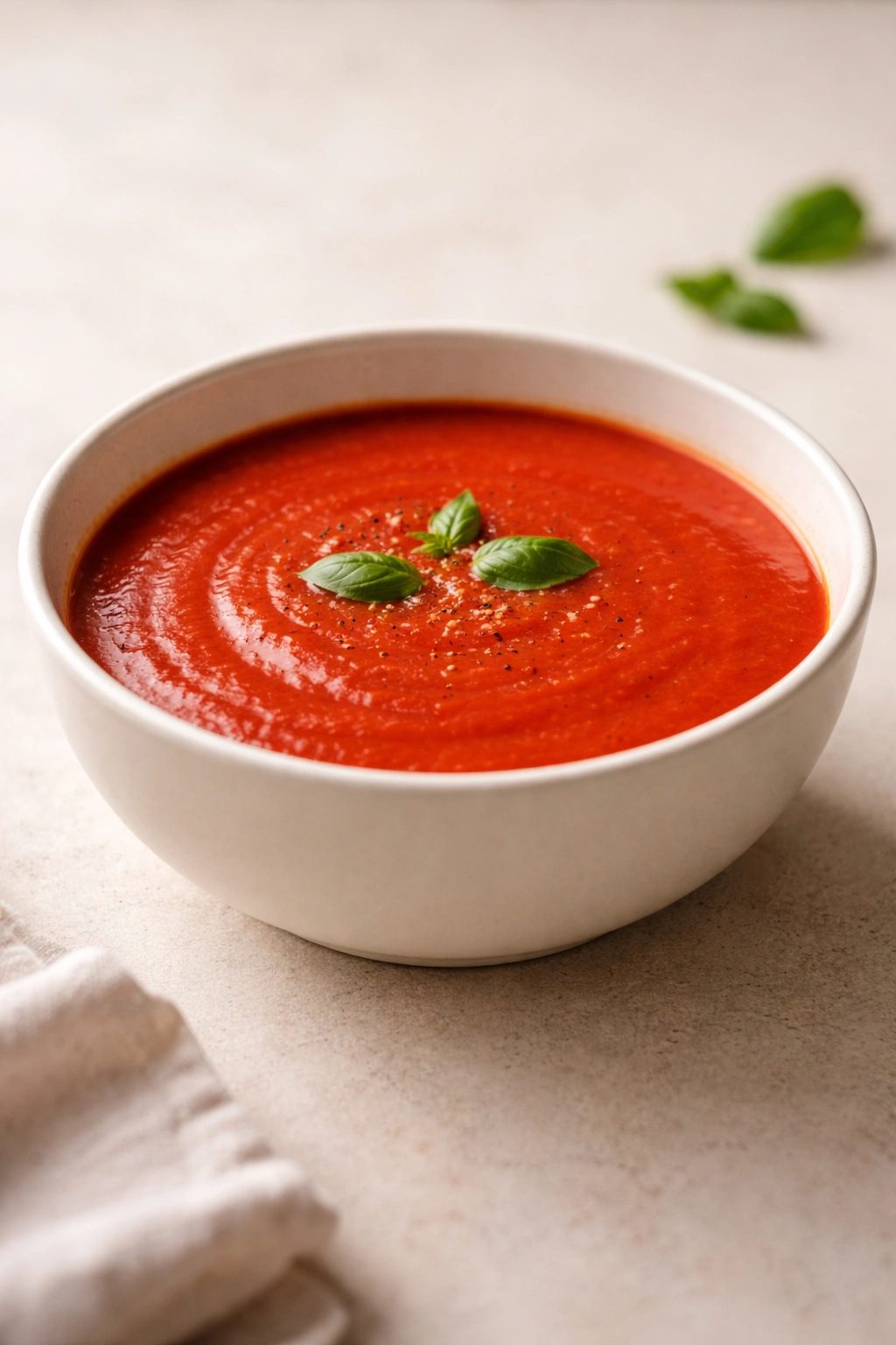 Bright red tomato soup in a simple bowl on a plain background