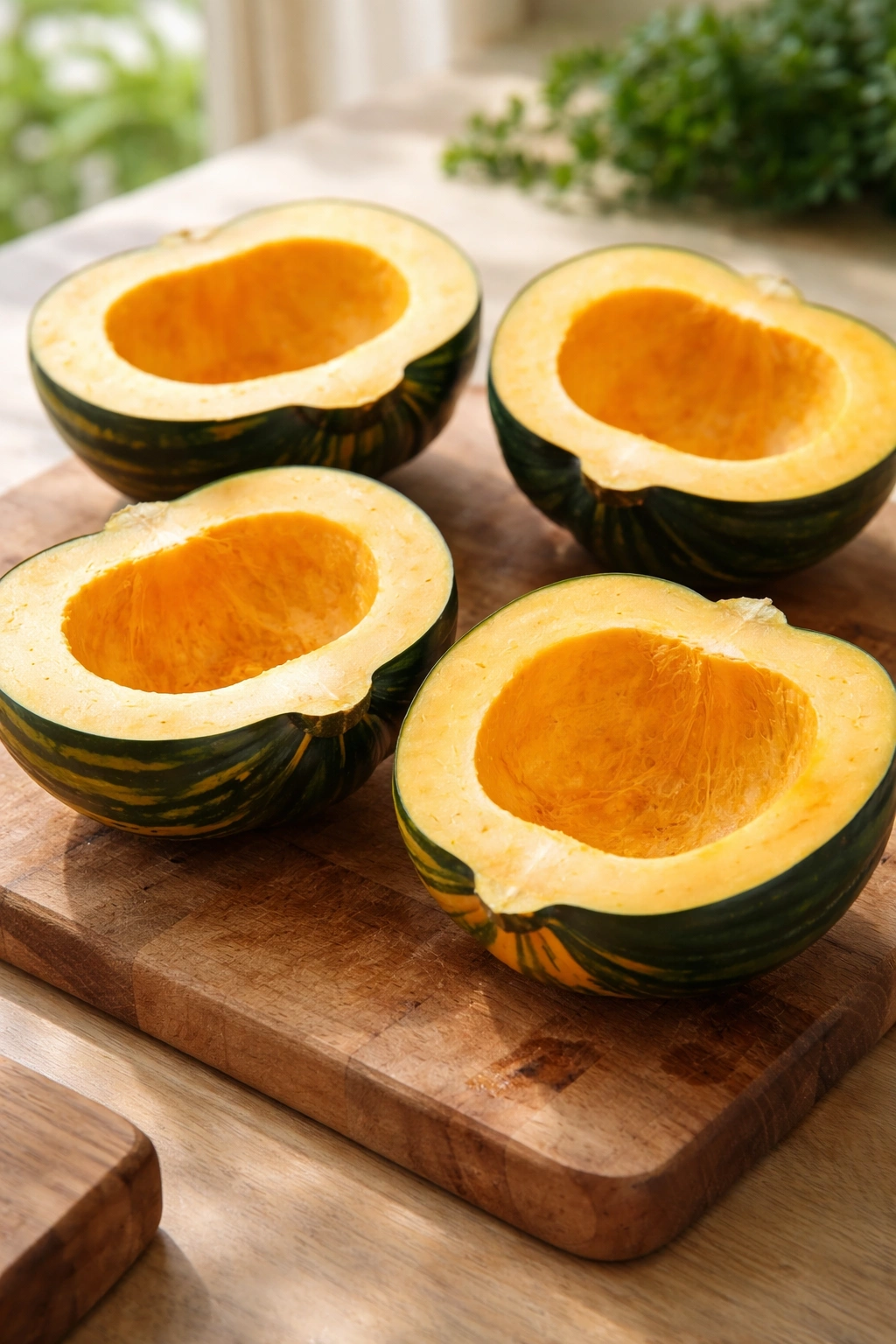 Halved acorn squash resting on a cutting board, ready for scooping.