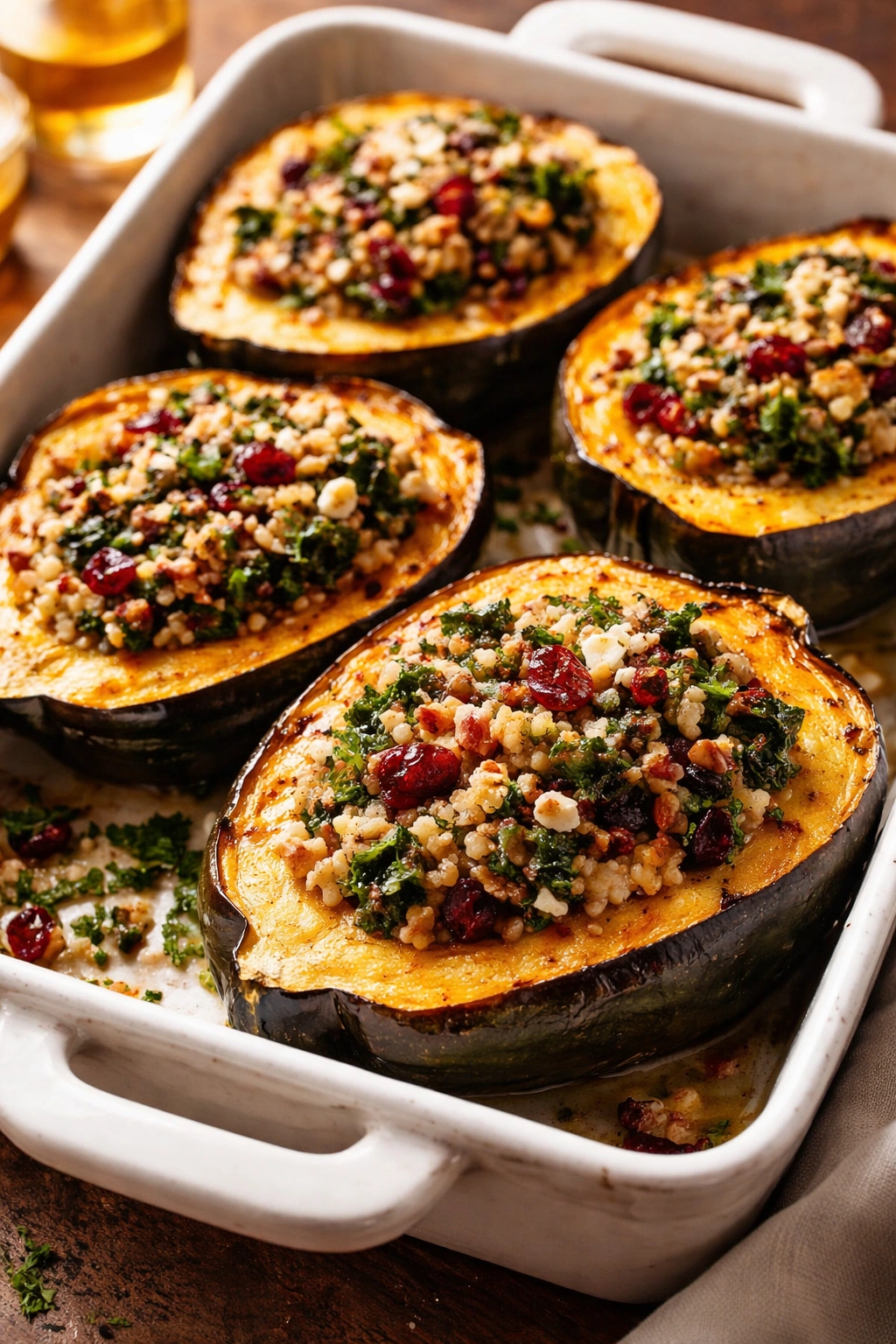 Halved acorn squash stuffed with farro kale and cranberries on a baking dish