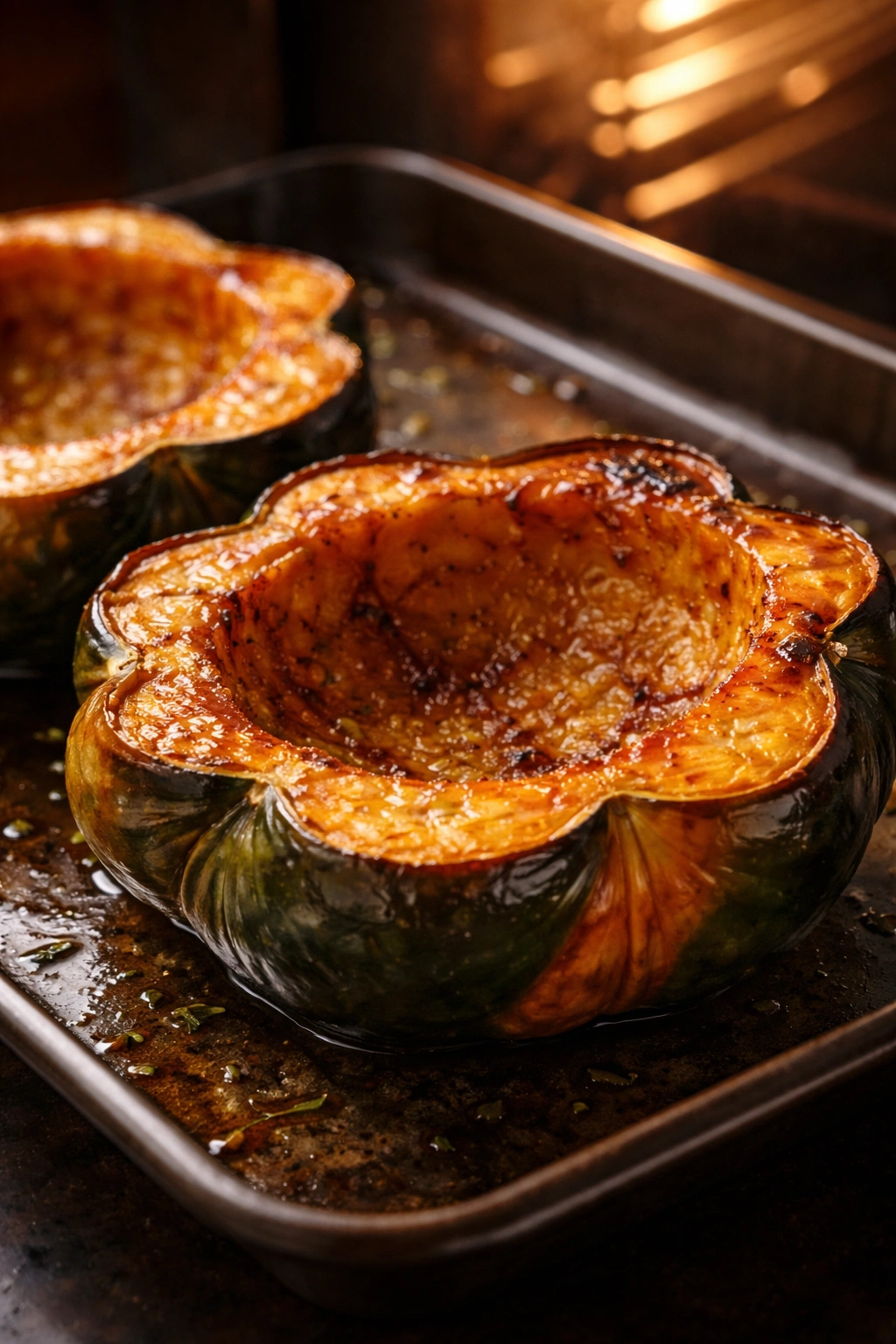 Close-up of a halved acorn squash on a baking sheet showing orange flesh and caramelized edges.