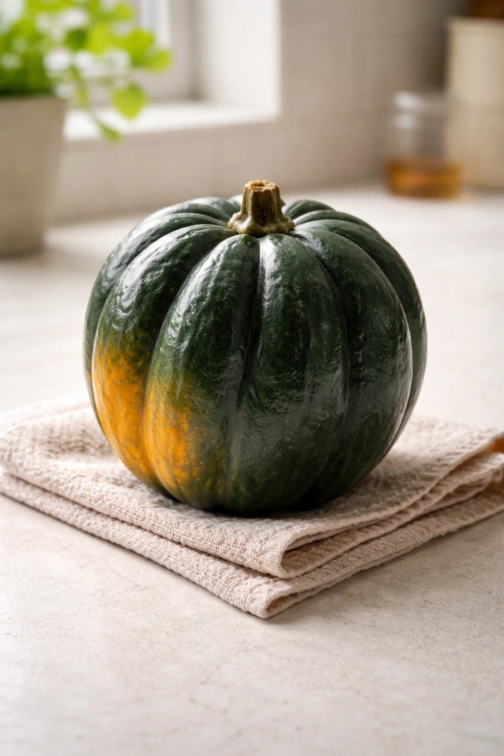 Single acorn squash on a kitchen counter with a damp towel to prevent rolling.