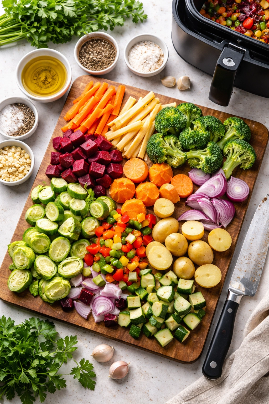 Assorted vegetables cut for air frying on a wooden cutting board
