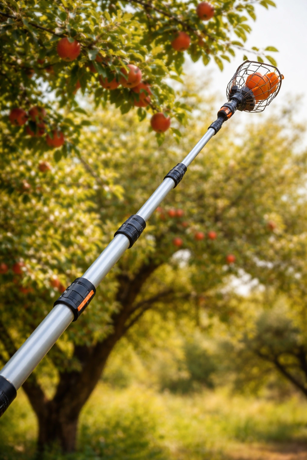 Close-up of an extended telescoping fruit-picking pole with basket in an orchard
