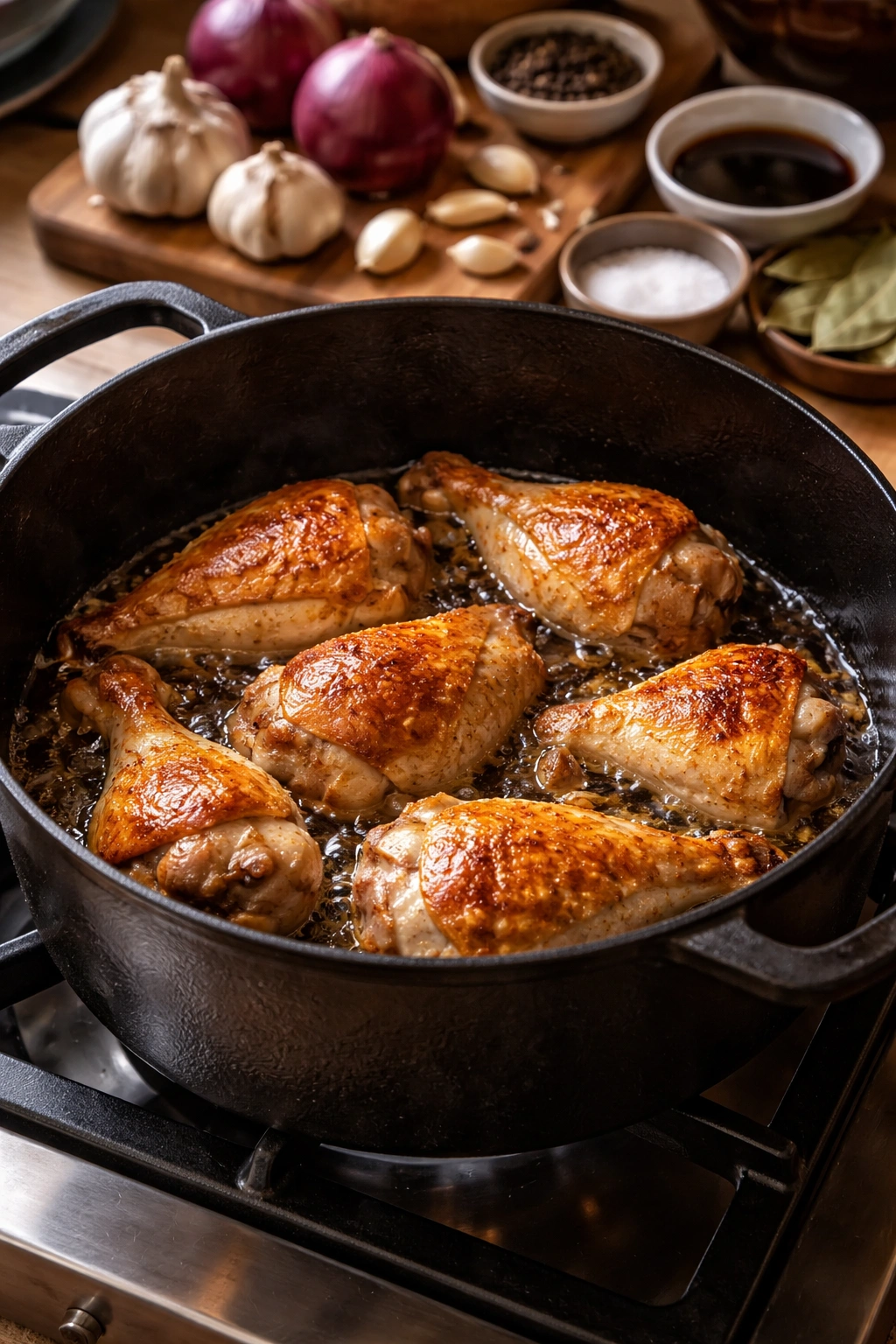 Close-up of chicken browning in a cast-iron pot for adobo