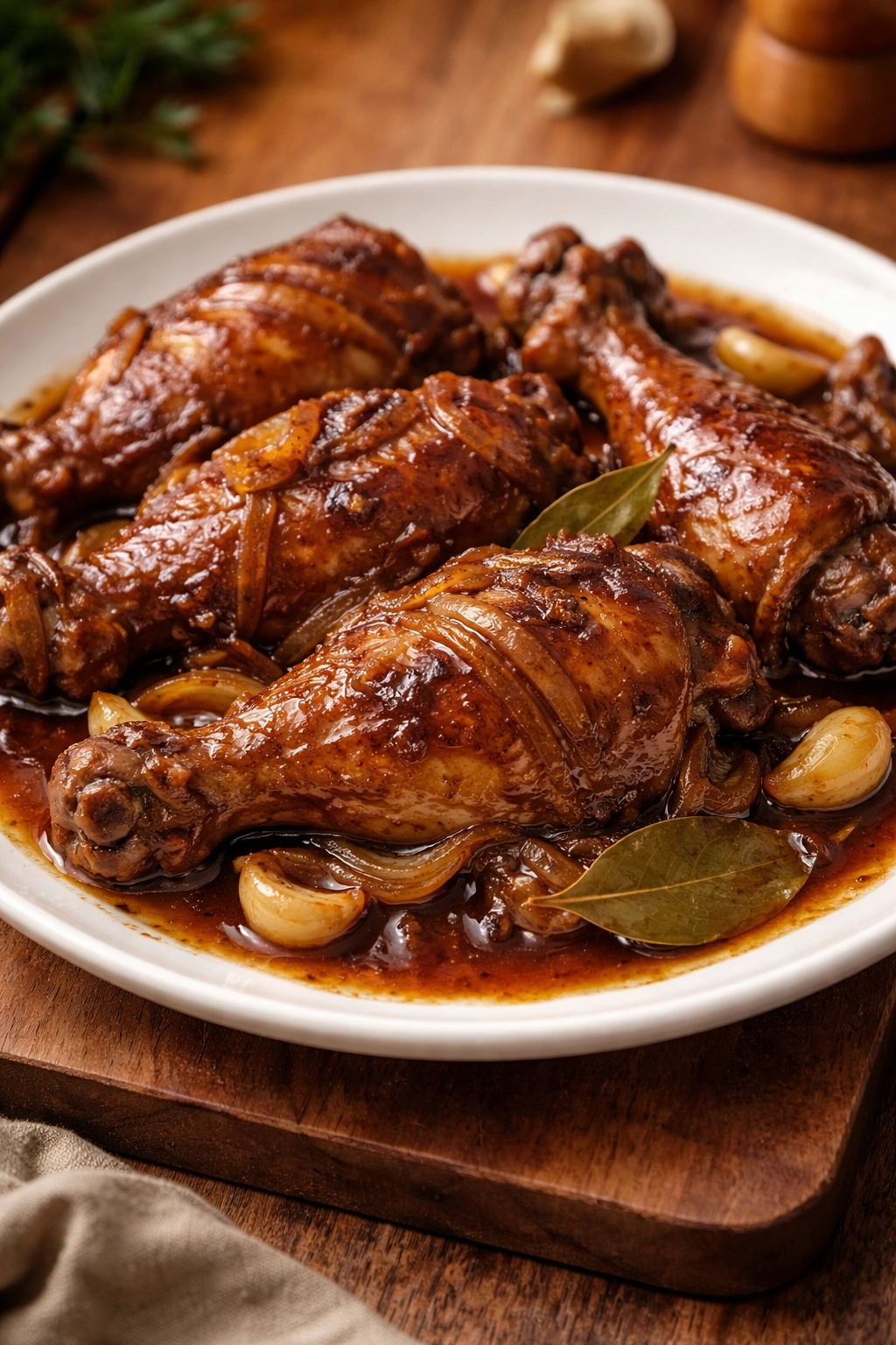 Close-up of glossy Filipino chicken adobo in dark sauce on plate