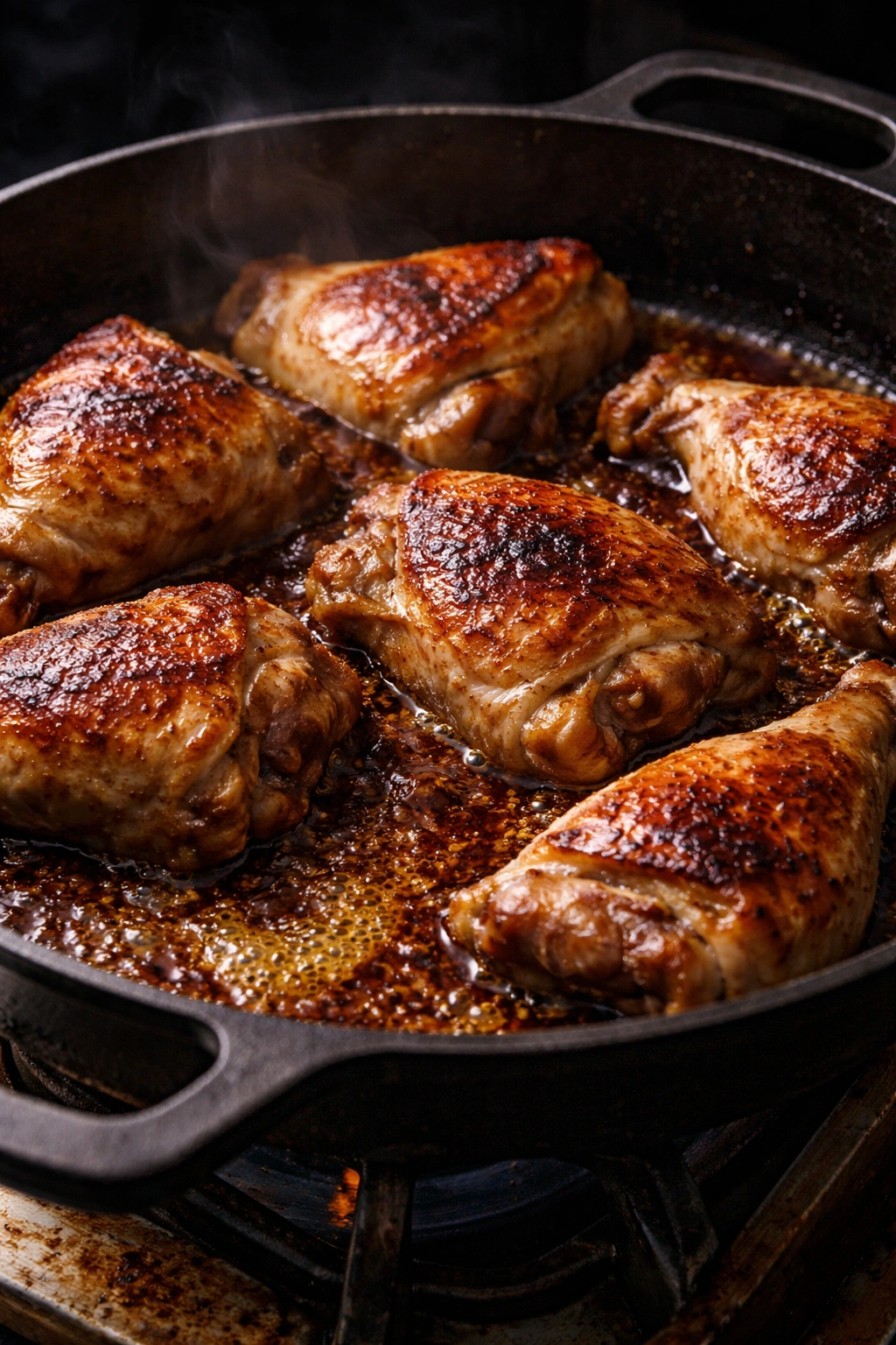 Fond and browned chicken in pan for deep adobo flavor