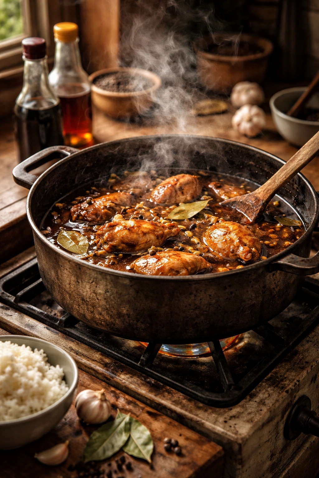 Rustic kitchen with simmering pot of adobo and steam