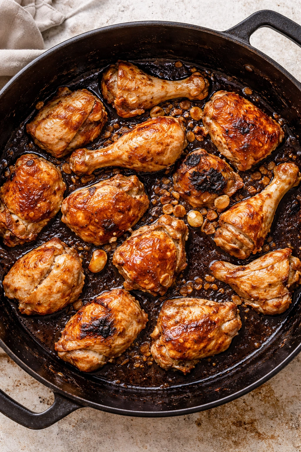 Skillet with crowded, unevenly browned adobo chicken