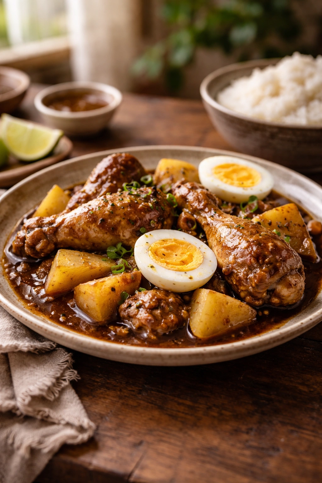 Plate of adobo with potatoes and eggs showcasing a variation