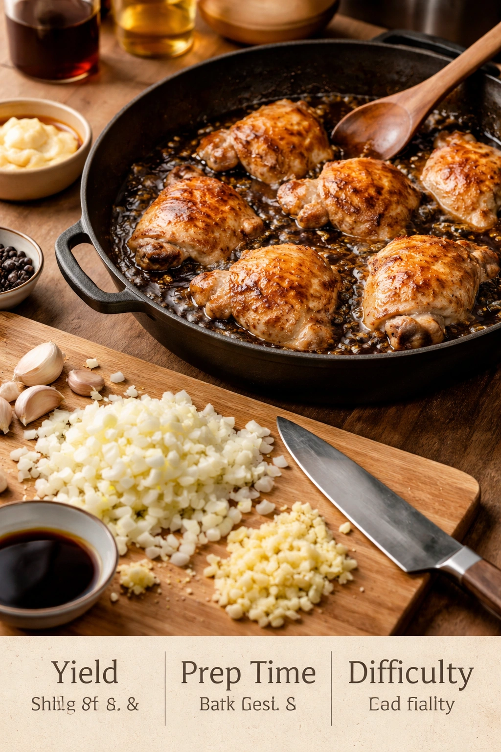 Chicken browning in skillet with onions on cutting board