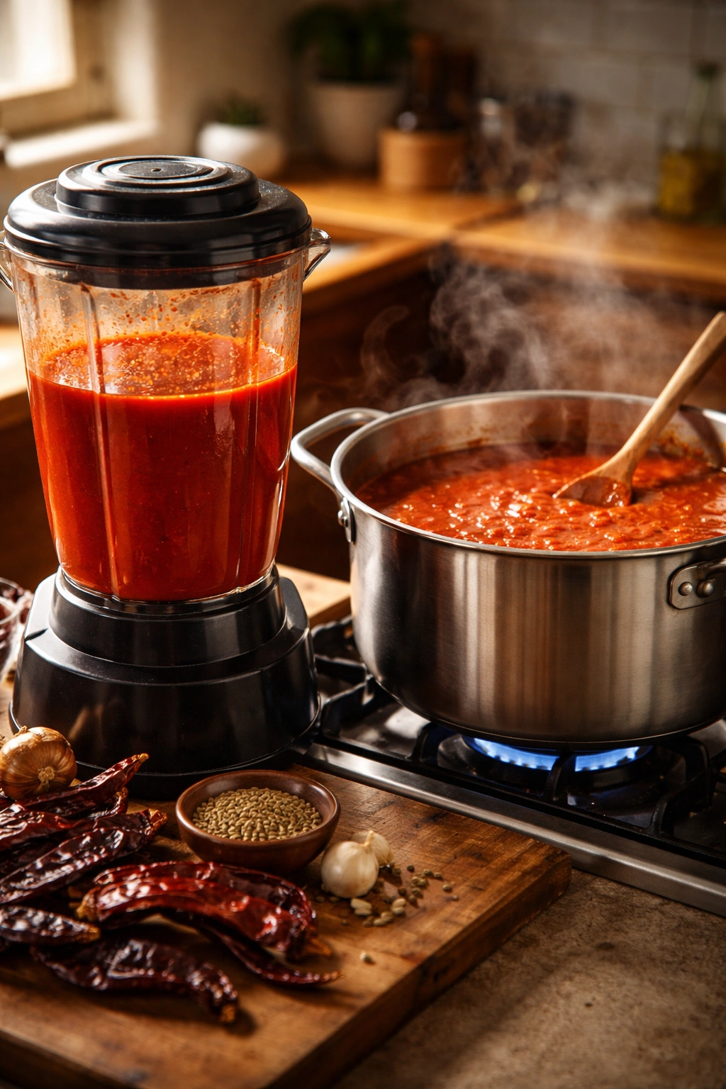 Blender with red adobo sauce and simmering pot