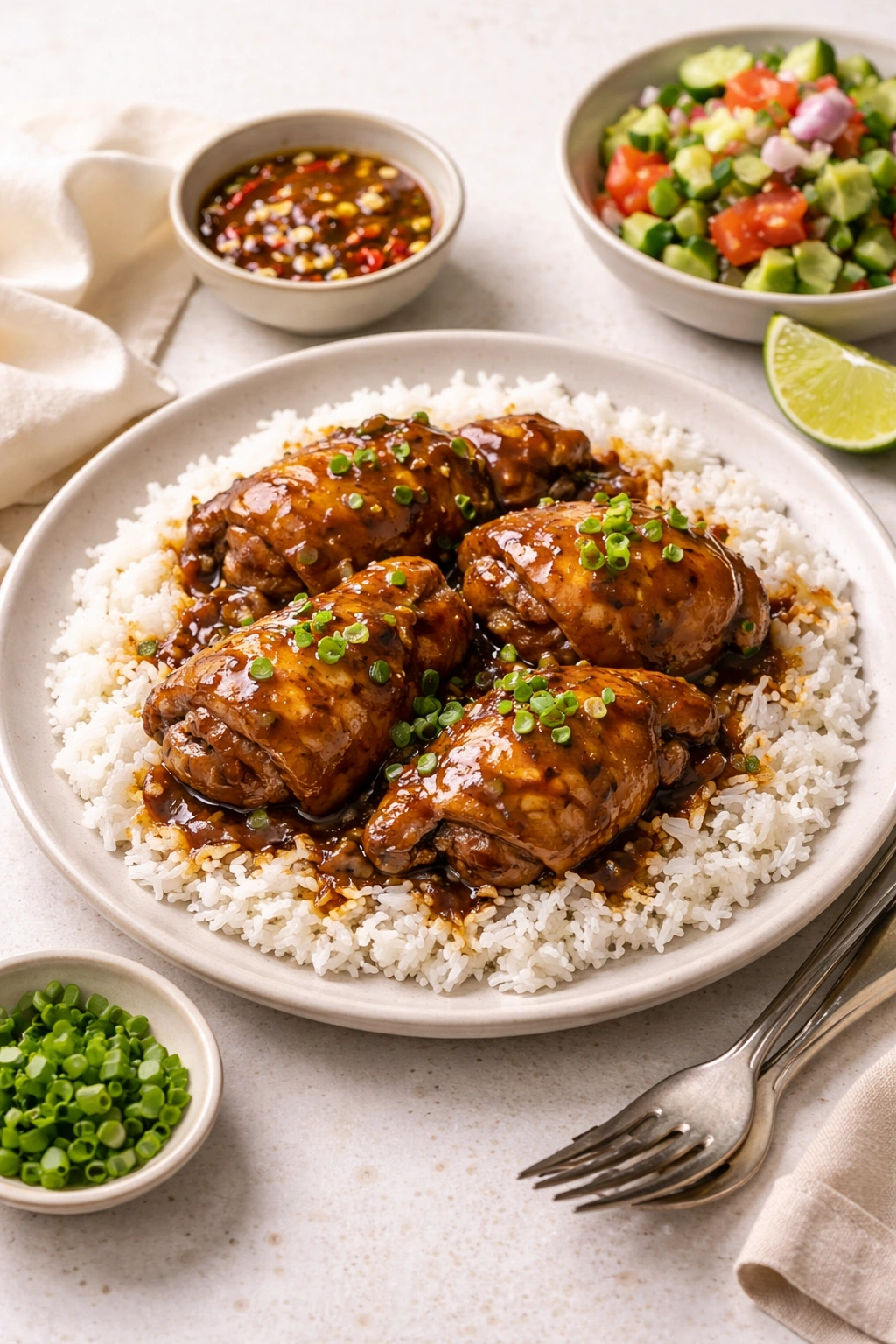 Plate of chicken adobo over white rice with clean presentation