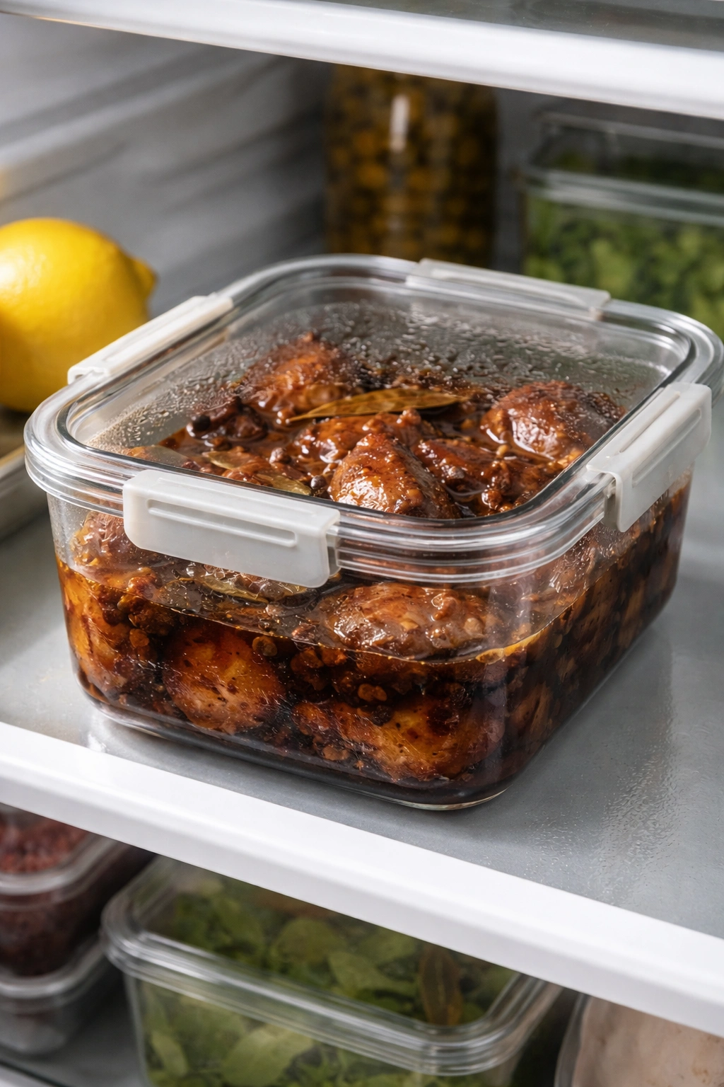 Airtight container of adobo stored in a refrigerator for make-ahead use