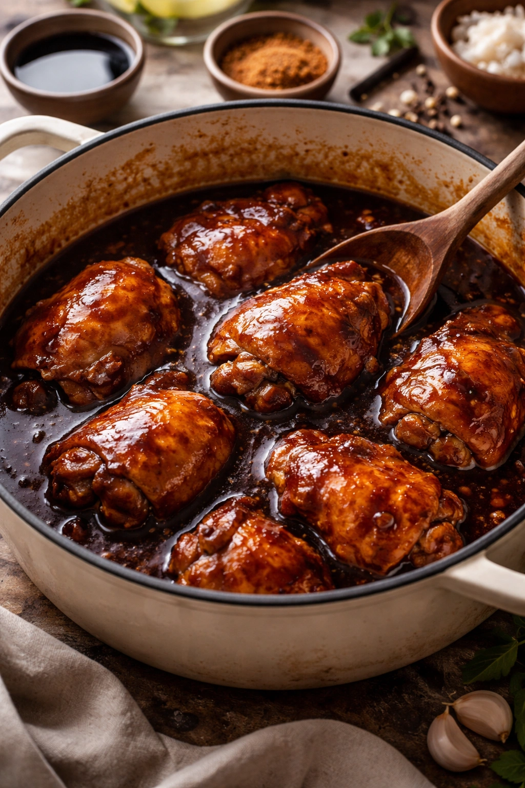 Glossy adobo sauce in a pot showing adaptable flavors