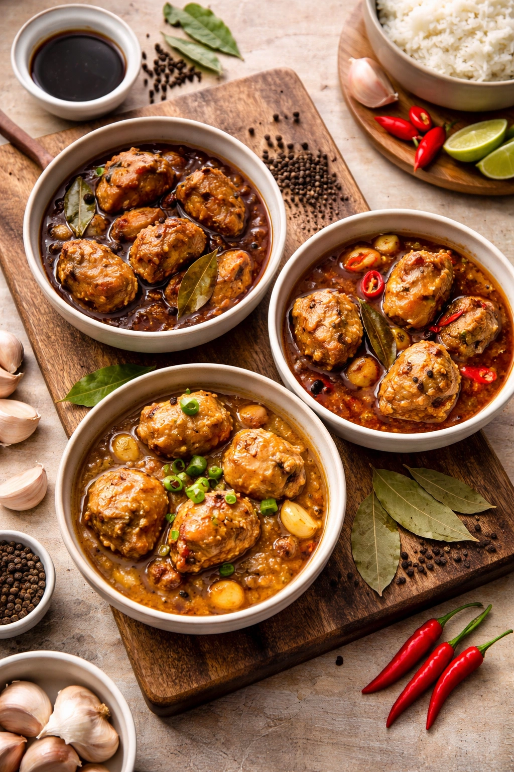 Three bowls of adobo variations showing regional styles