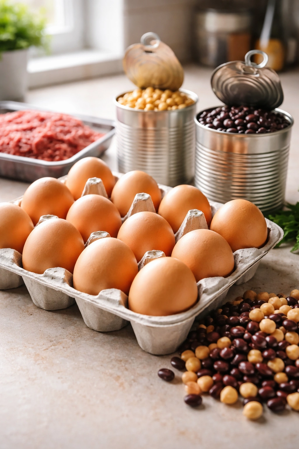 Close-up of eggs and beans illustrating affordable protein sources for budget meal prep.