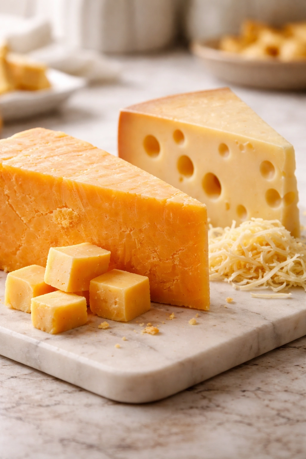 Cheddar and Gruyère cheeses on a plain background
