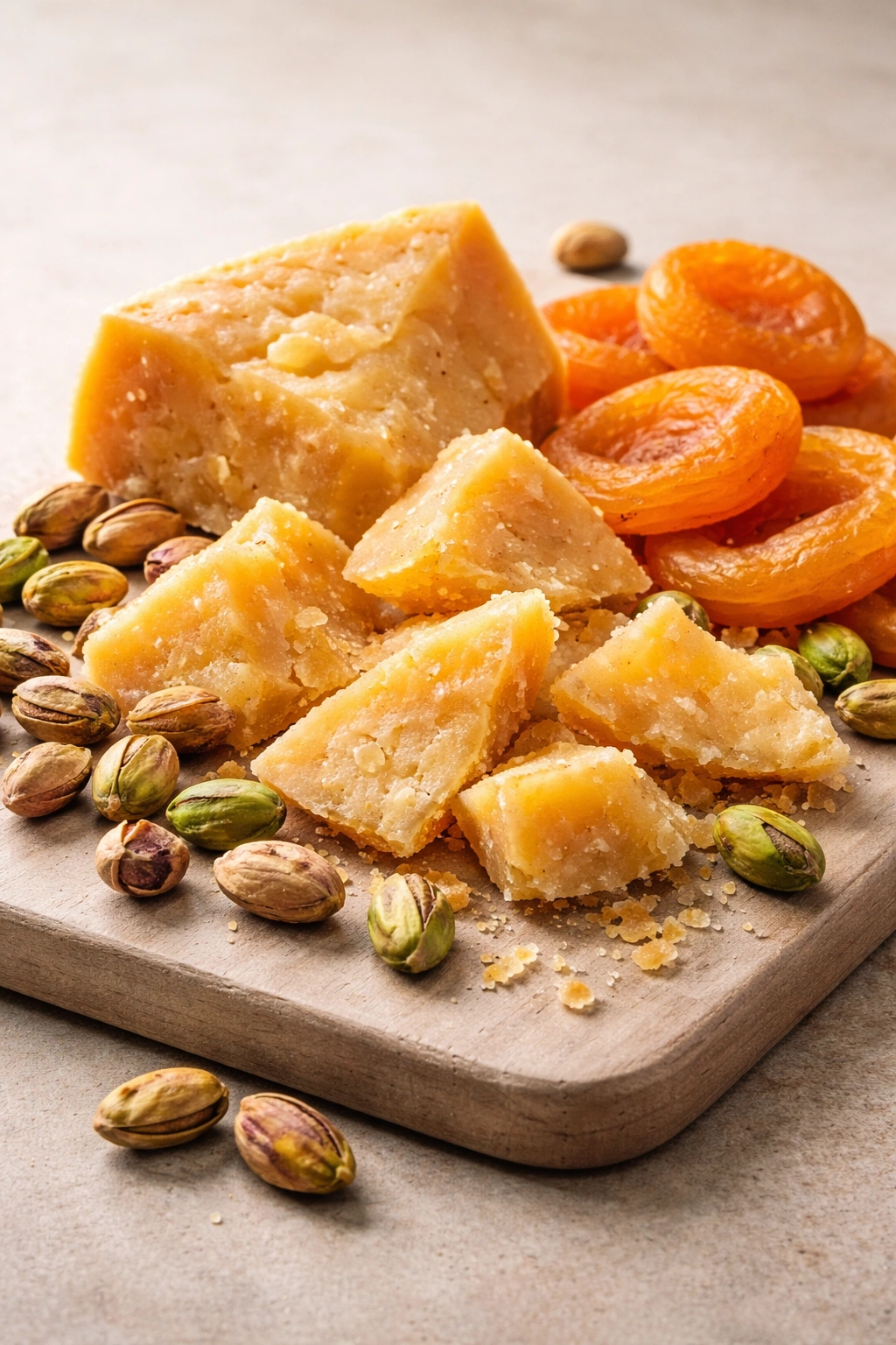 Aged Gouda with dried apricots and pistachios on board
