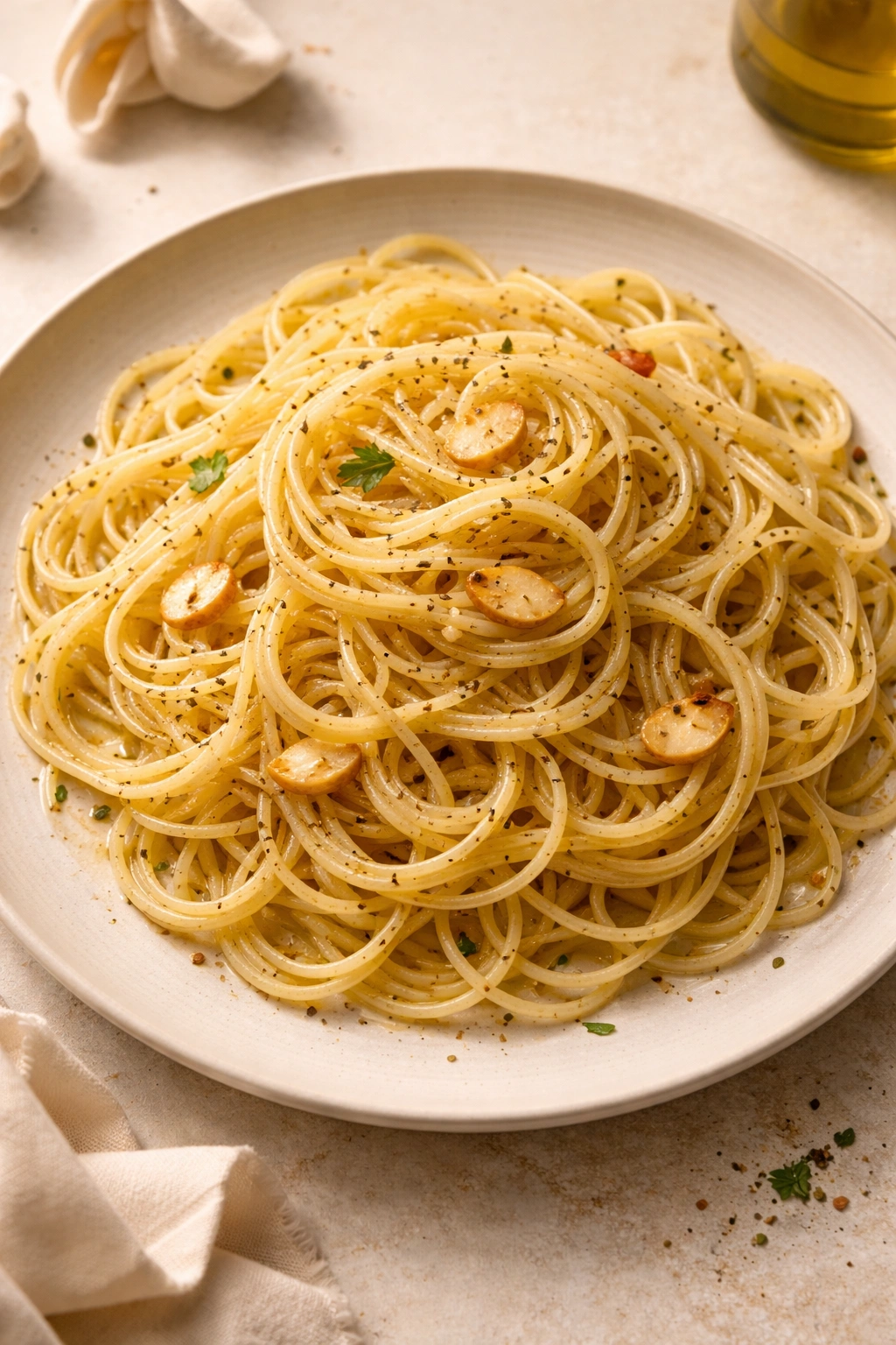 Aglio e Olio pasta with garlic slices in olive oil on plate