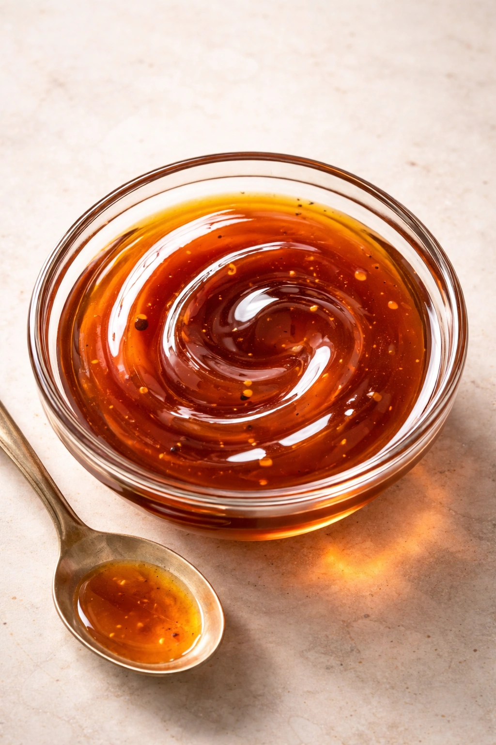 Amber agrodolce sauce swirl in a glass dish