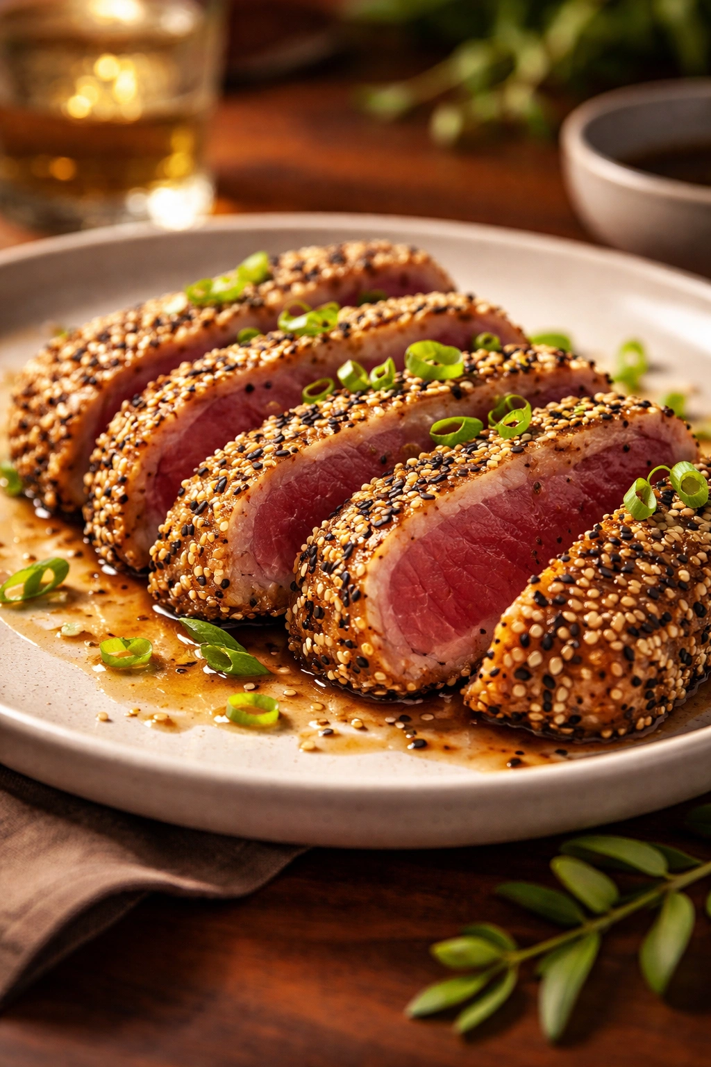Plated sesame-crusted ahi tuna in a minimal setting