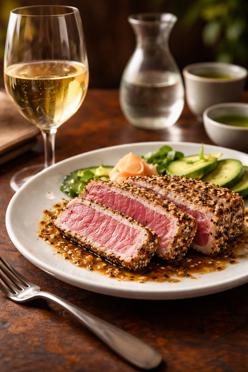 Sesame crusted seared ahi tuna plated with white wine in a fine dining setting