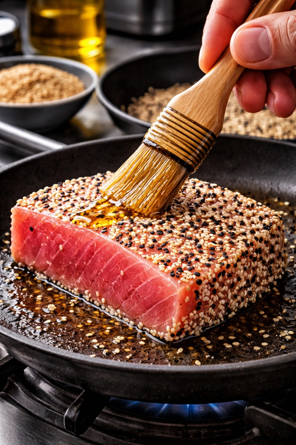 Ahi tuna being coated with sesame oil and seeds by a chef in a professional kitchen